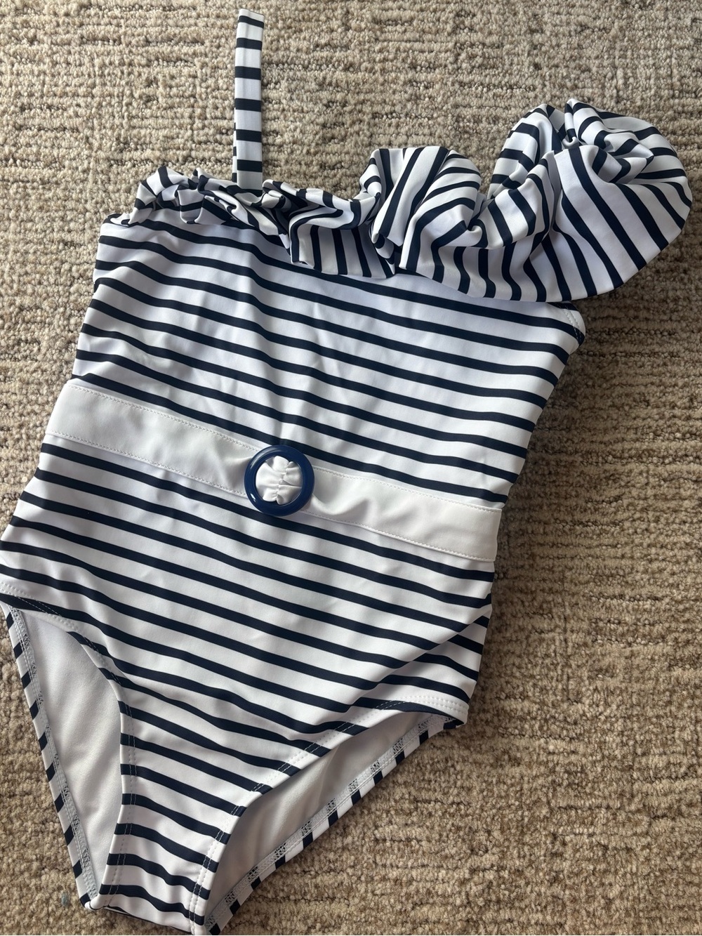 Janie & Jack Striped Nautical One Piece with Ruffle Shoulder / 6